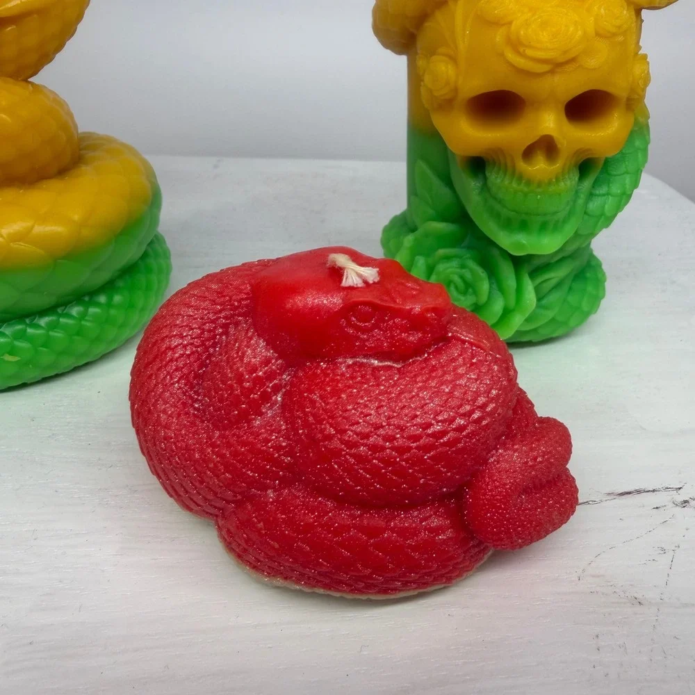 Soy Novelty Candle Set of 3 Bright Red Yellow Green Skull Snake Goth Art Odditiy